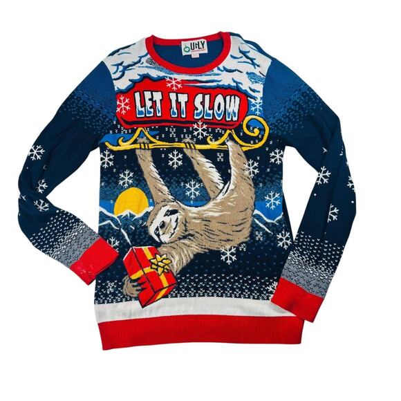 Ugly Christmas Party Sloth Sweater Let It Slow Holiday Pullover Unisex Size L - Picture 1 of 6